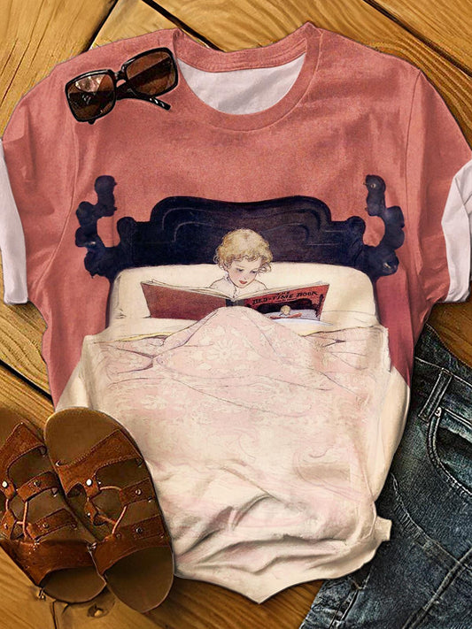 Retro Reading Little Girl Crew Neck T-shirt