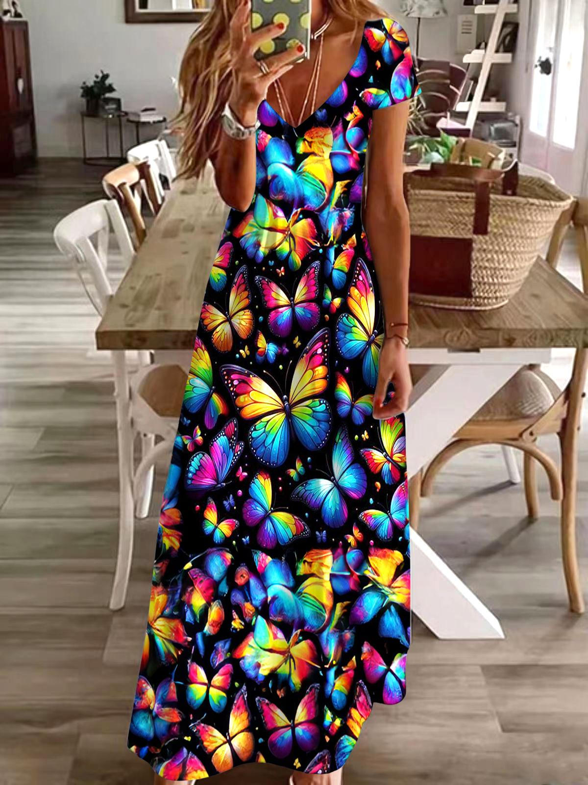 Colorful Butterfly Print Short Sleeve V Neck Maxi Dress