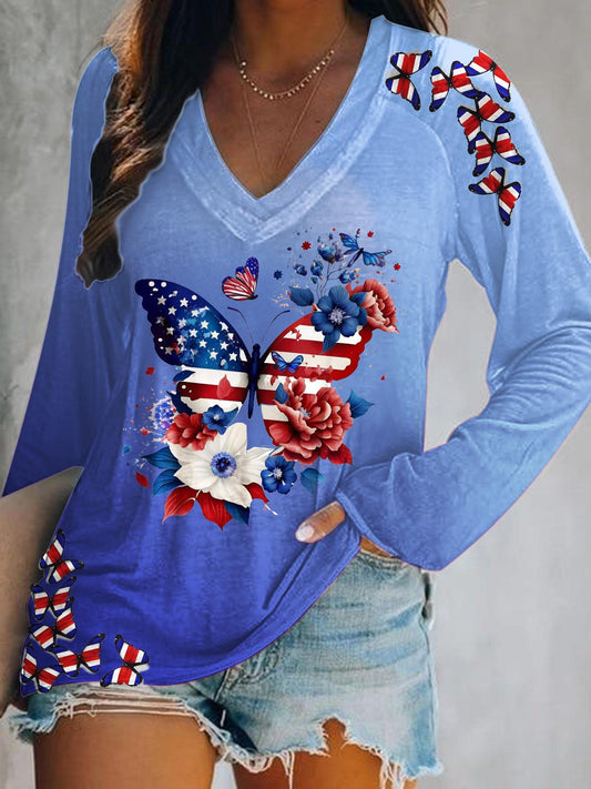 Gradient Irregular Butterfly Print V-Neck Long Sleeve Top