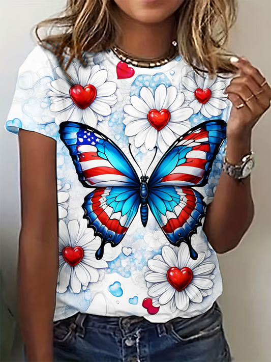 Independence Day Daisy Heart American Flag Butterfly Crew Neck T-shirt