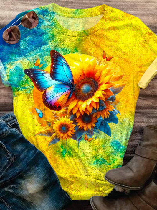 Retro Sunflower Butterfly Print Crew Neck T-shirt