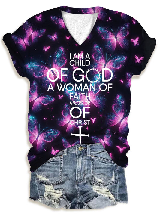Women's I Am A Child Of God A Woman Of Faith Print V-Neck T-Shirt