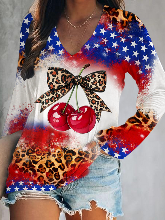 Cherry Coquette Print V-Neck Long Sleeve Top