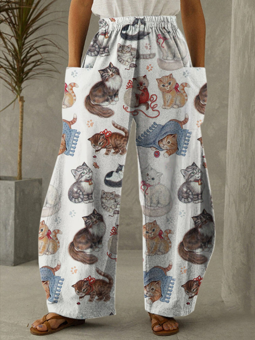 Vintage Cute Kittens Print Casual Pants