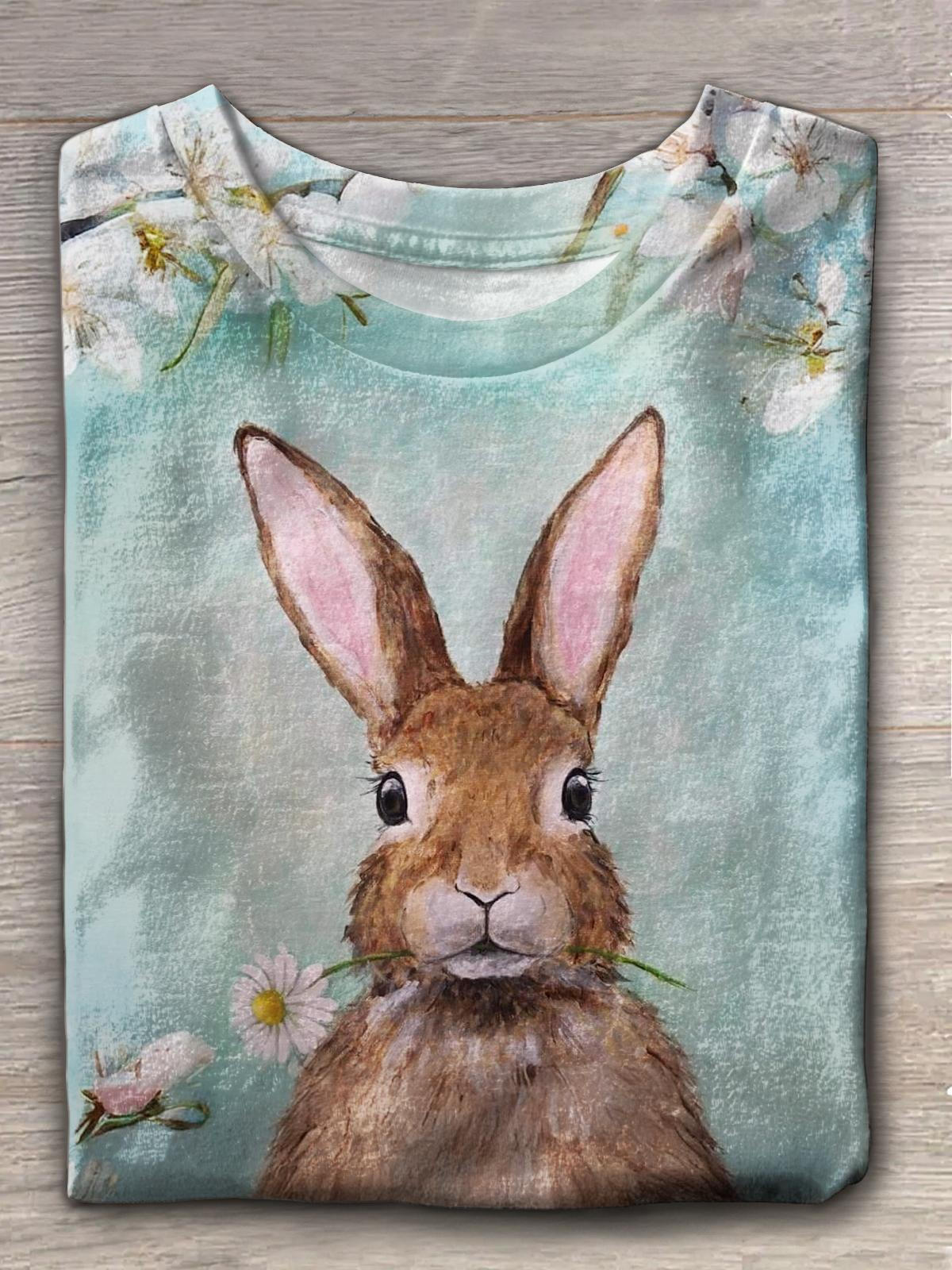 Osterhase mit Blume im Mund Rundhals-T-Shirt 
