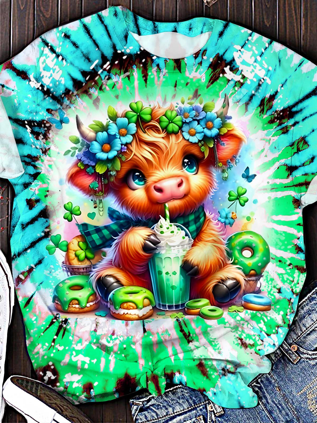 Spring Cute Highland Cow Printed Crew Neck T-shirt