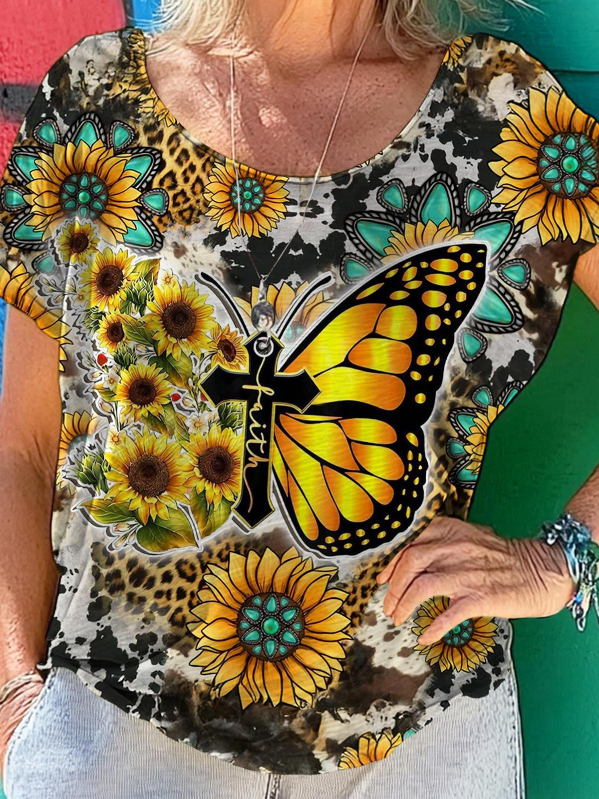 Sunflower Butterfly Leopard Faith Crew Neck T-shirt