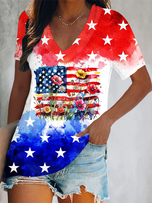 American Flag Floral Short Sleeve V Neck Print Top