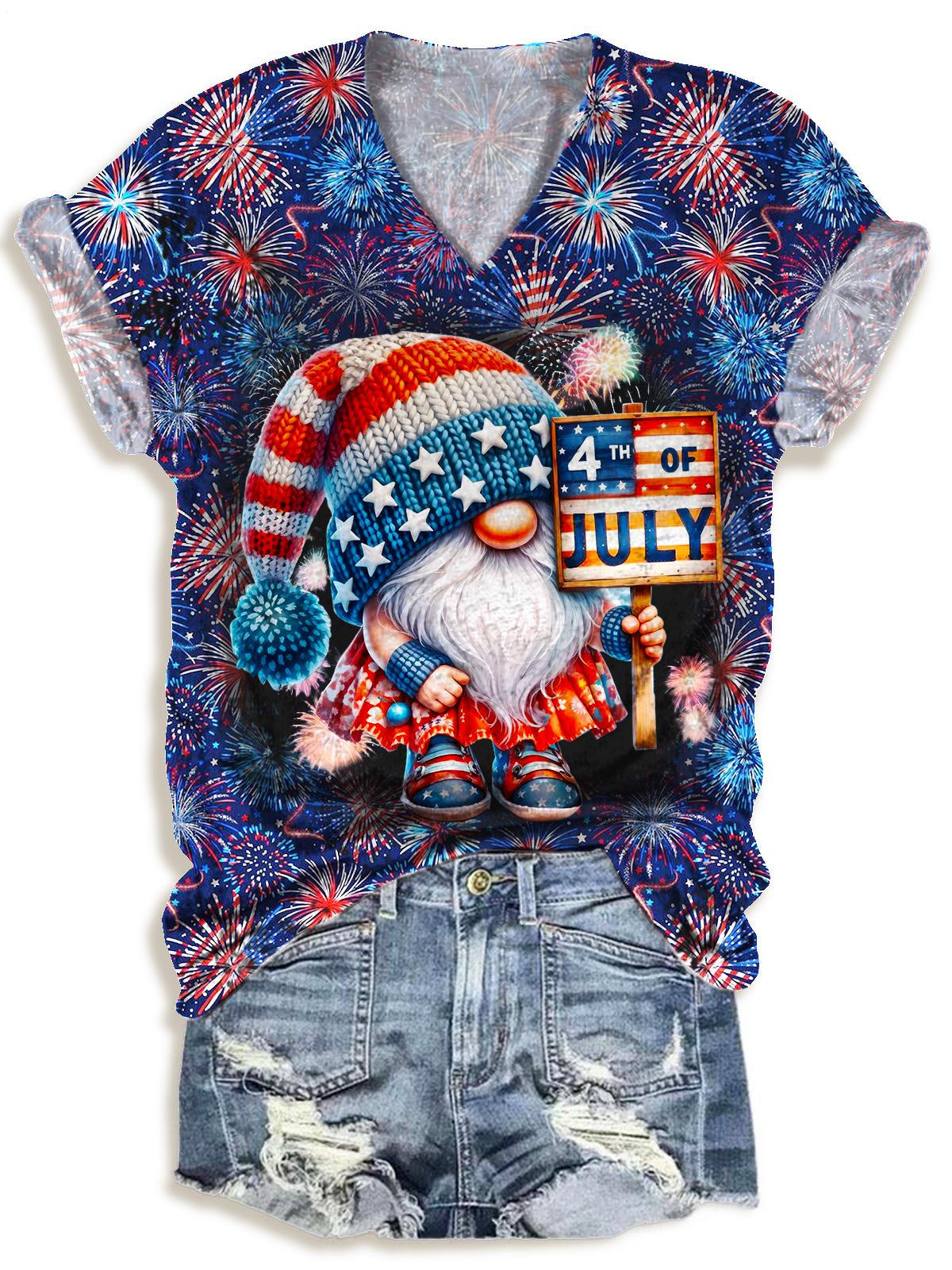 Independence Day Gnome Print V-neck T-Shirt