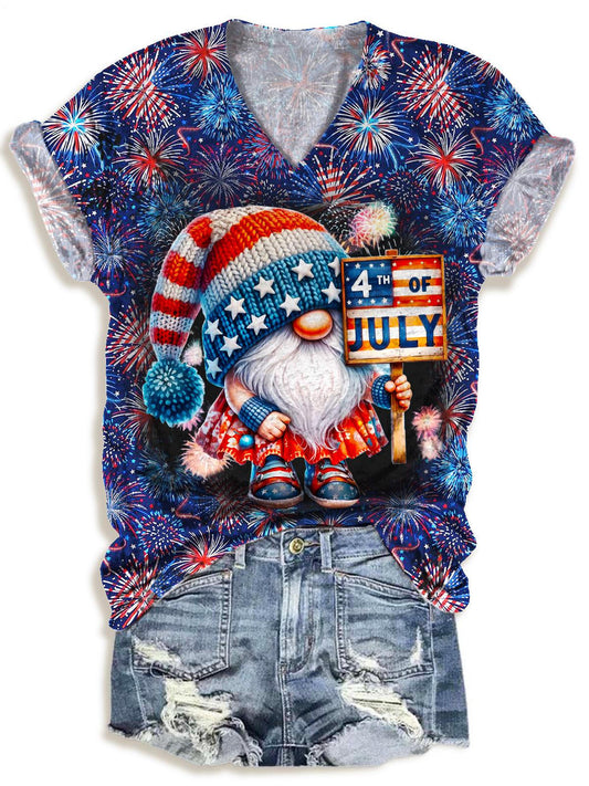 Independence Day Gnome Print V-neck T-Shirt