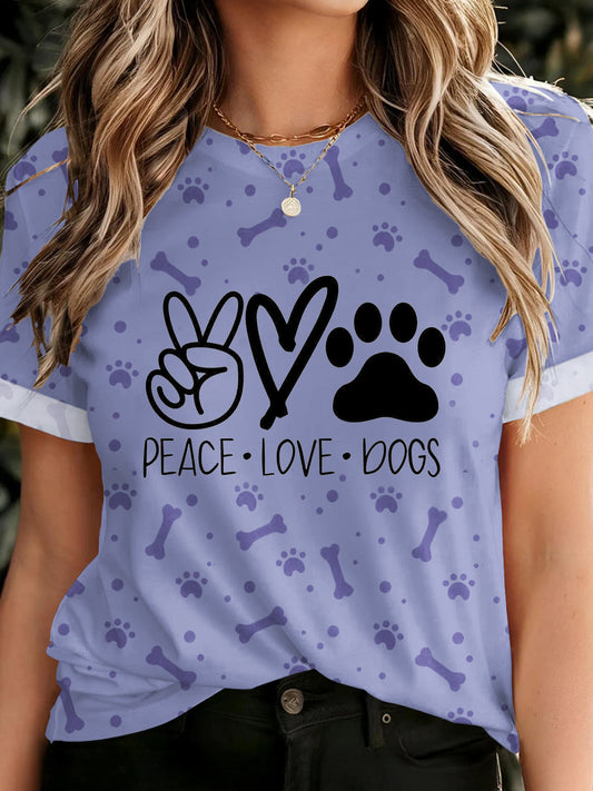 Peace Love Puppy Print Crew Neck T-shirt