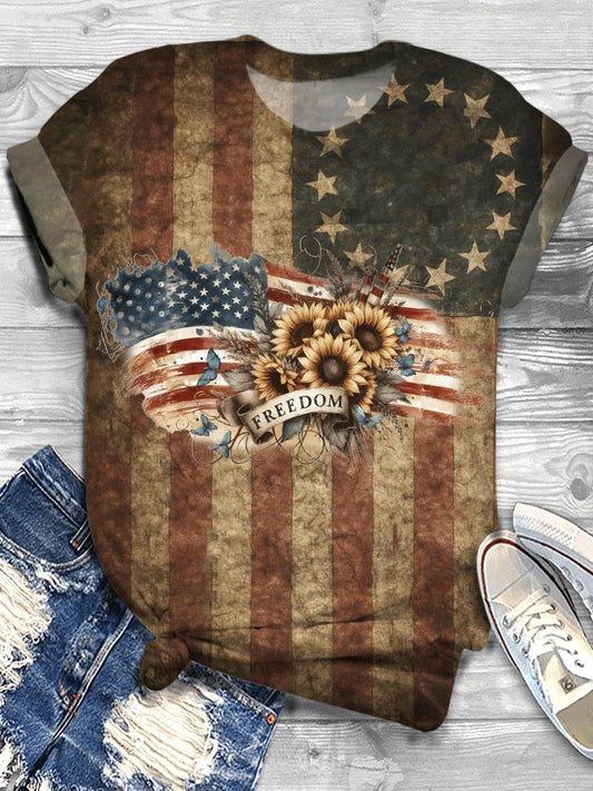 Retro Patriotic Sunflower Crew Neck T-shirt