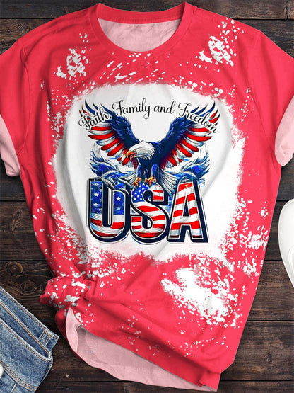 Independence Day Flag Eagle Retro Print Round Crew Neck T-shirt