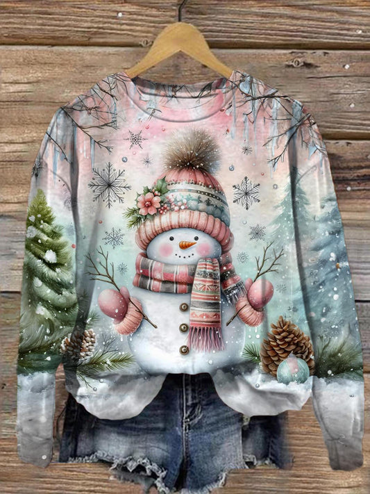 Christmas Pink Cute Snowman Printed Long Sleeve Casual Top