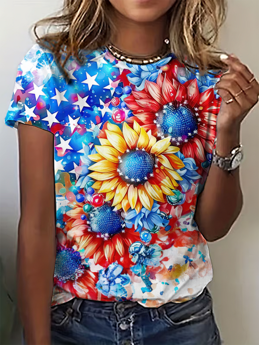Independence Day Patriotic Sunflower Art Crew Neck T-shirt