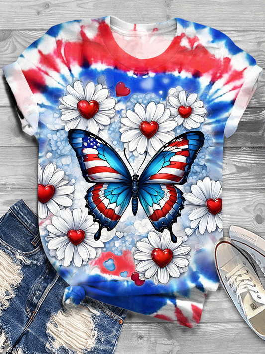 Tie Dye Independence Day Daisy Butterfly Art Crew Neck T-shirt