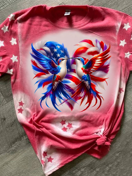 Tie-Dye Star Heart Hummingbird Crew Neck T-shirt