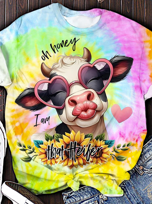 Summer Floral Cute Cow Printed Crew Neck T-shirt