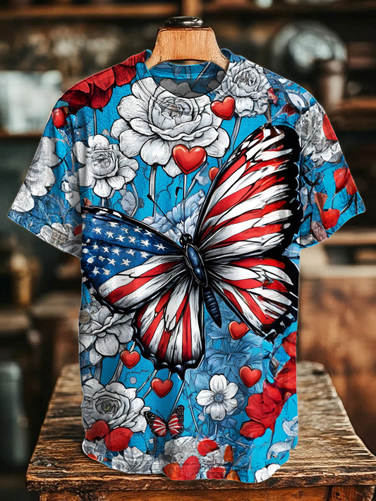 Independence Day Blue Flowers Butterfly Art Crew Neck T-shirt
