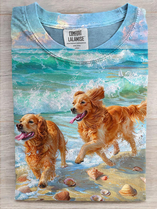 Happy Golden Retriever Art Print Crew Neck T-shirt