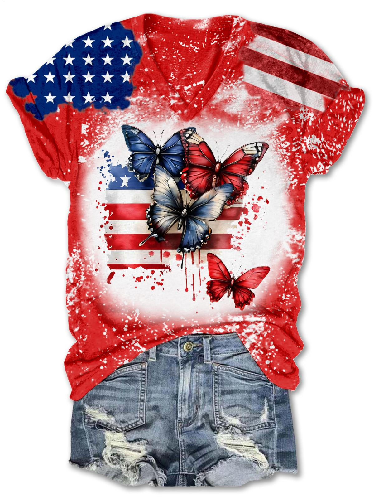 Independence Day Patriotic American Flag Butterflies Art V-neck T-Shirt