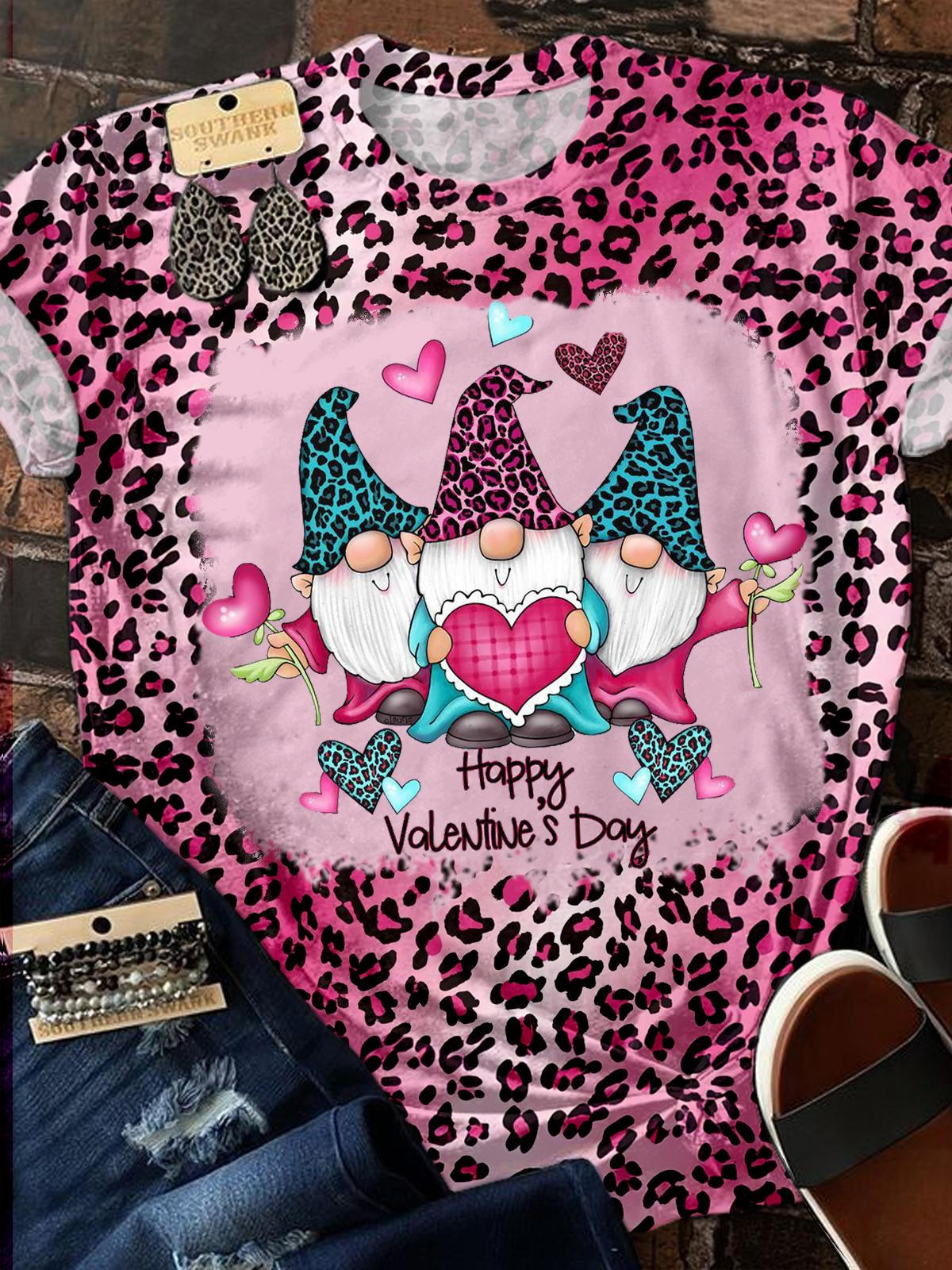 Valentine's Day Gnome Leopard Crew Neck T-shirt