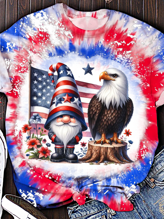 Retro Patriotic Eagle Dwarf Print Crew Neck T-shirt
