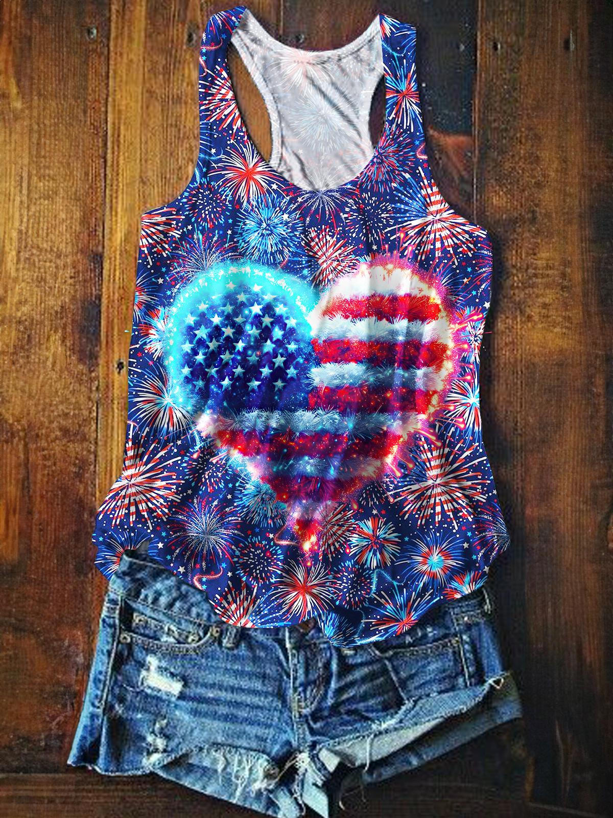 Retro Flag Love Heart Fireworks Printed Casual Tank Top