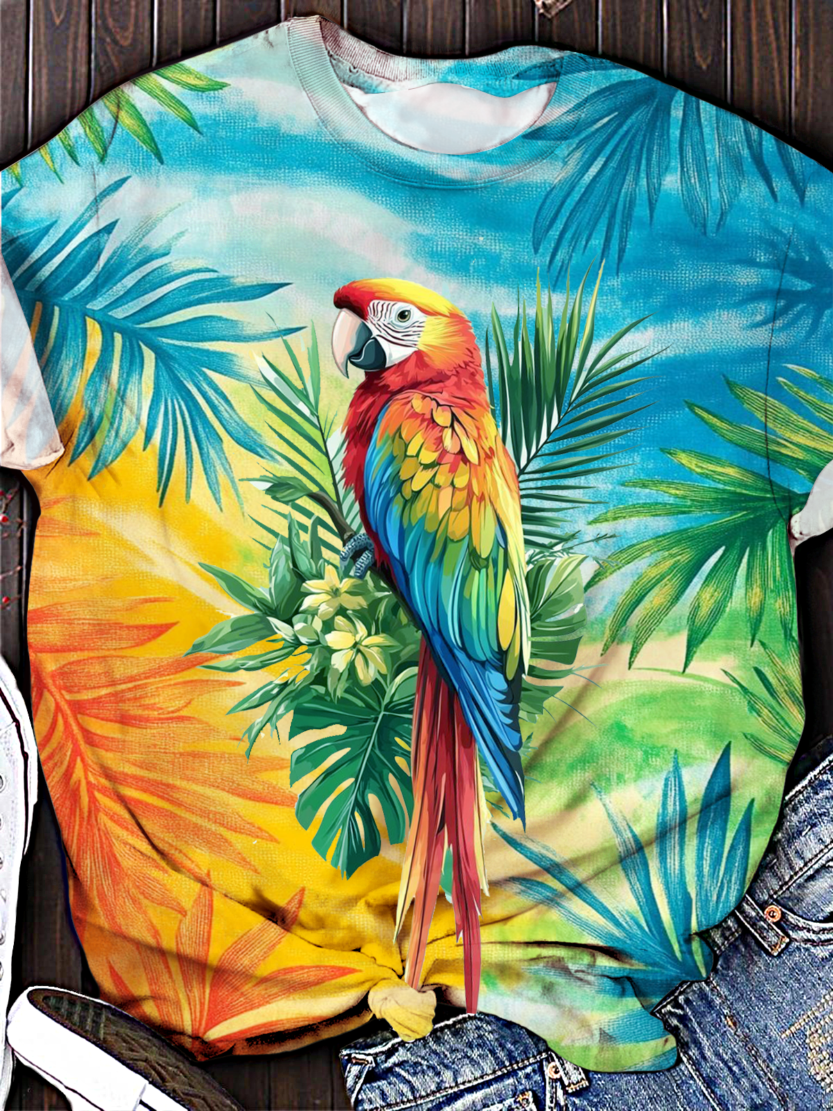 Parrot And Tropical Leaves Print Crew Neck T-shirt