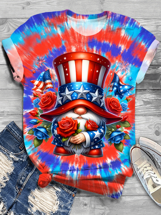 Tie Dye Glitter Independence Day Floral Gnomes Crew Neck T-shirt