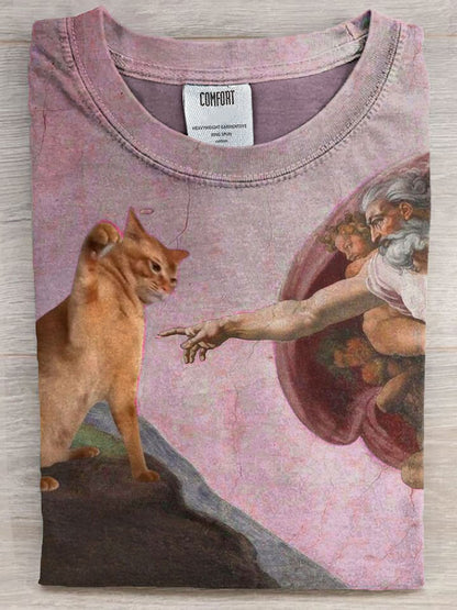Vintage Funny Cat Art Print Casaul Short Sleeve T-shirt