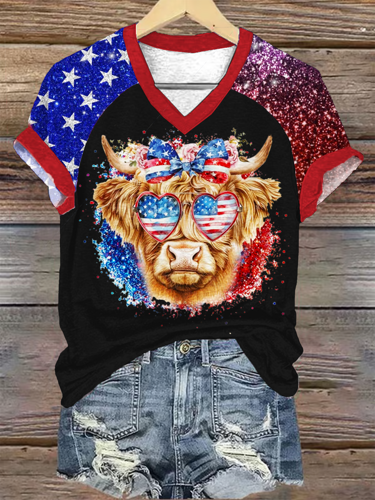 Western America Highland Cow V-neck T-Shirt