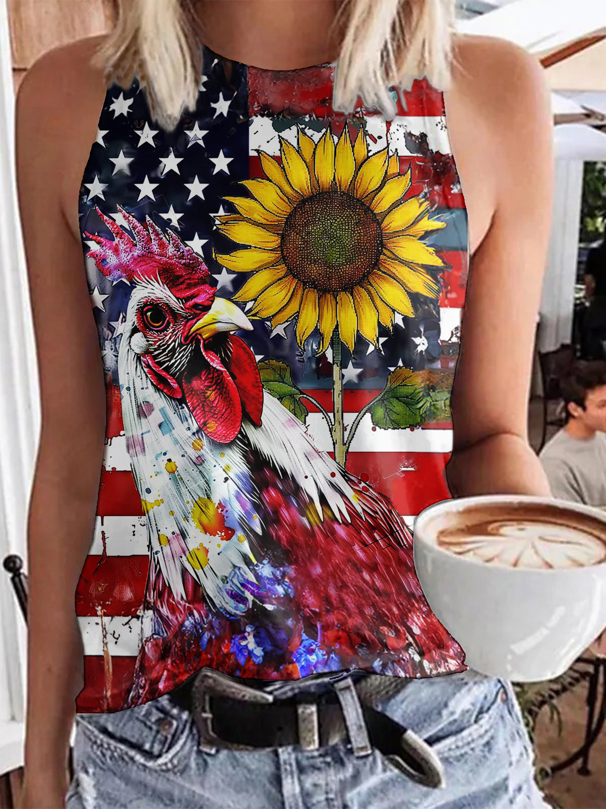 American Flag Sunflower Chick Crew Neck Sleeveless Tank Top