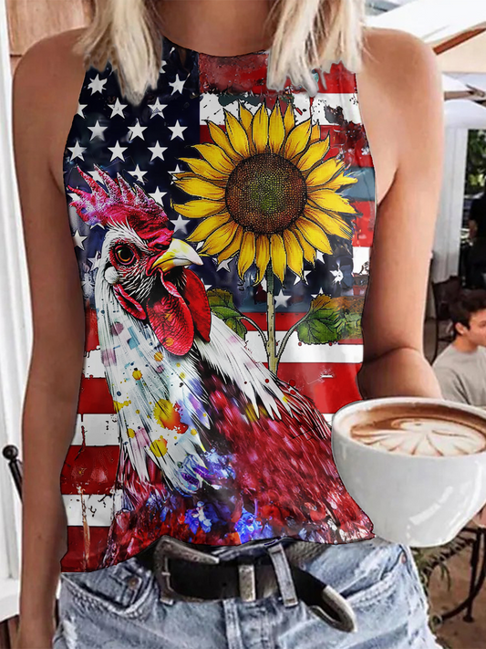American Flag Sunflower Chick Crew Neck Sleeveless Tank Top