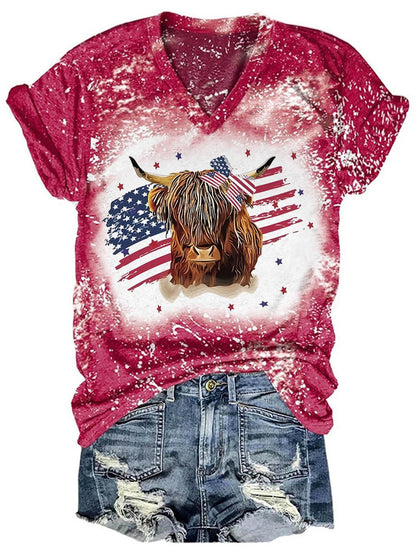 America Fag – T-Shirt mit Batikmuster und V-Ausschnitt in Highland-Kuh-Optik