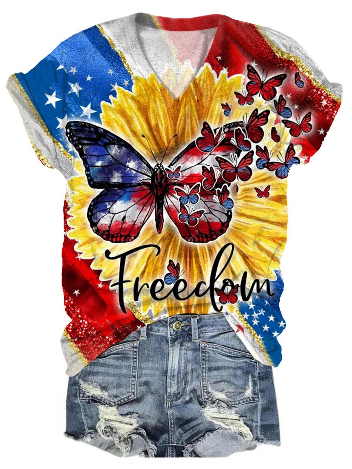 Freedom T-Shirt mit V-Ausschnitt und Sonnenblumen-Schmetterlings-Print