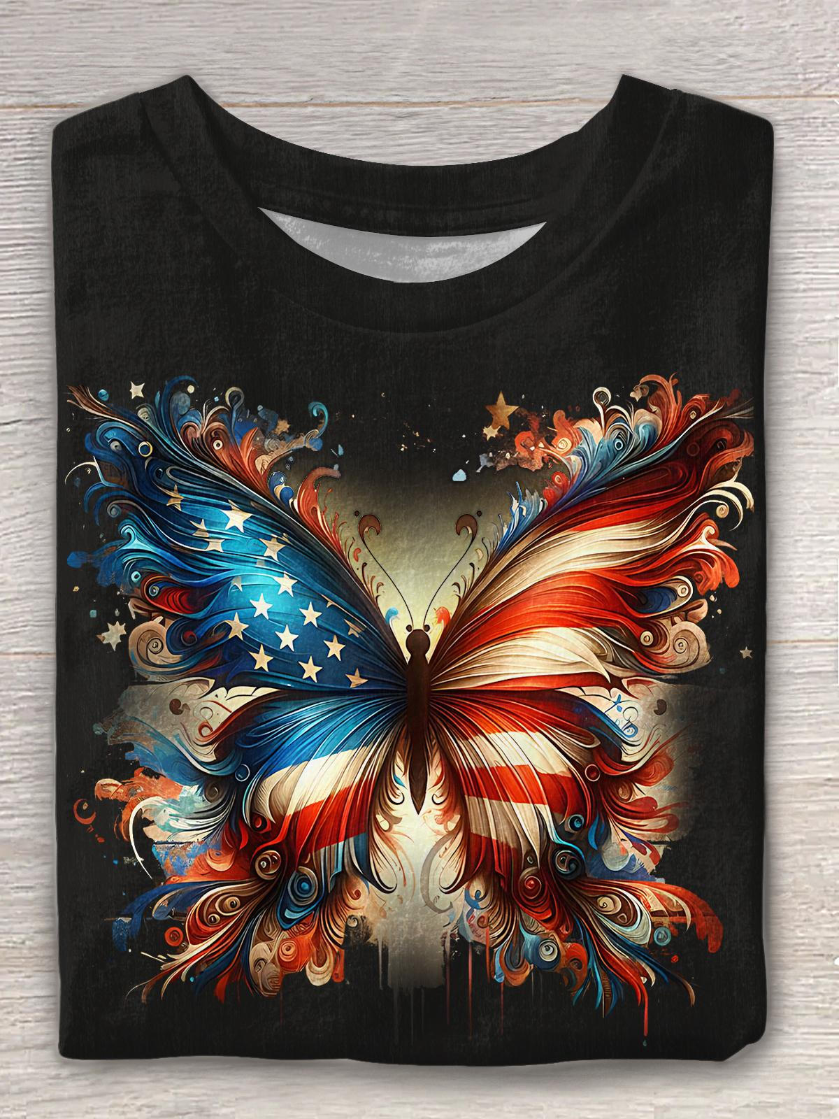 Vintage Independence Day Butterfly Flag Print Crew Neck T-shirt