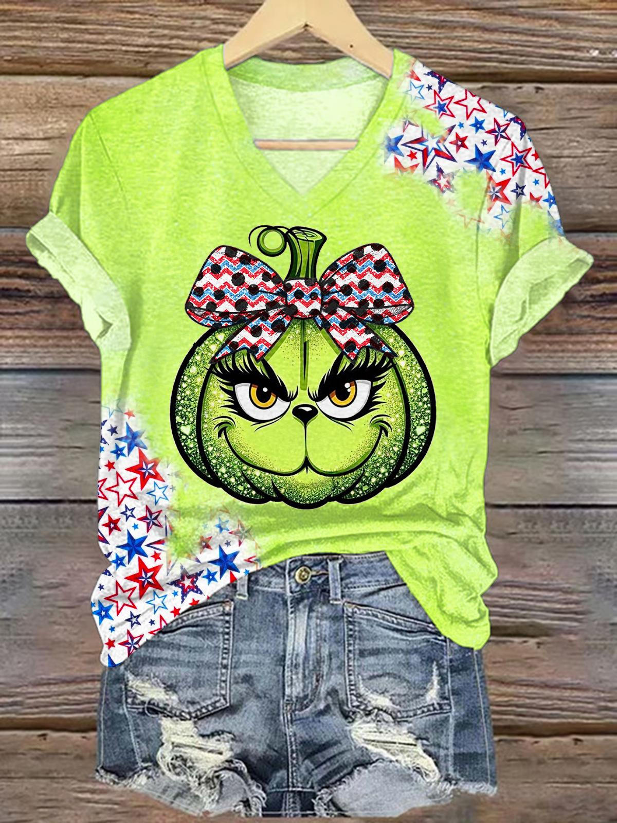 Independence Day Star Cartoon Character Print V-neck T-Shirt