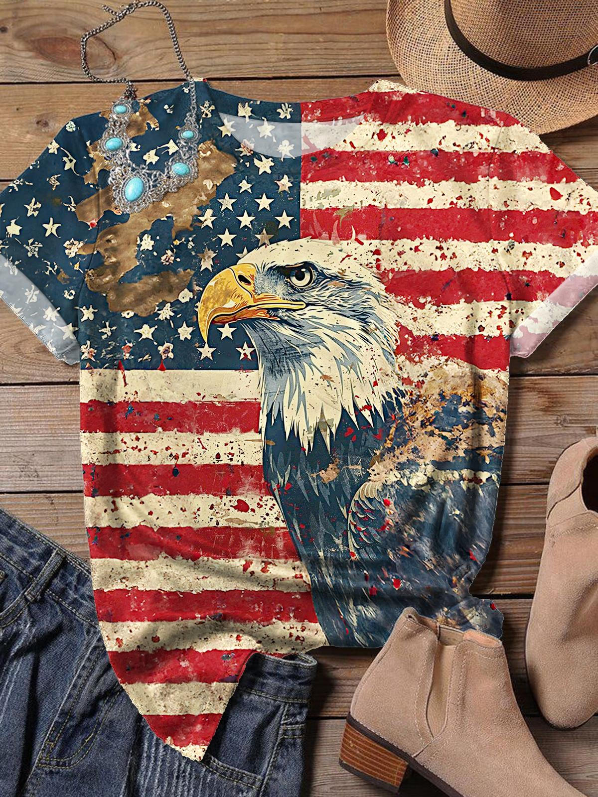 Vintage Flag Eagle Independence Day Printed Crew Neck T-shirt