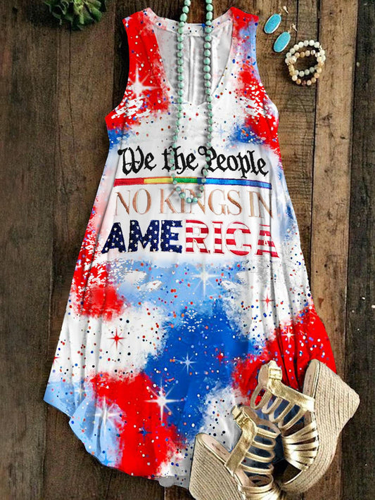 Vintage Flag Tie-Dye Independence Day Print Sleeveless V Neck Dress