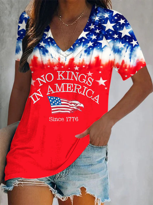 Vintage Flag Independence Day Print Short Sleeve V Neck Print Top