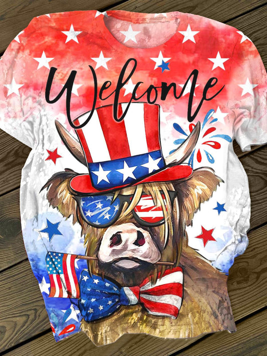 Vintage Highland Cow Independence Day Flag Print Crew Neck T-shirt