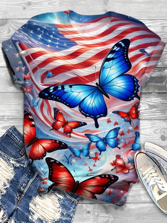 Butterlfy Print 4th of July Crew Neck T-shirt