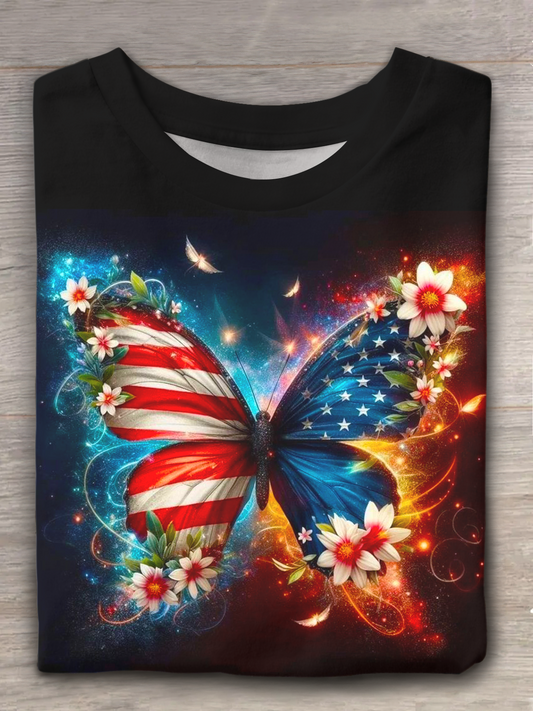 Patriotic Color Flowers Butterfly Crew Neck T-shirt