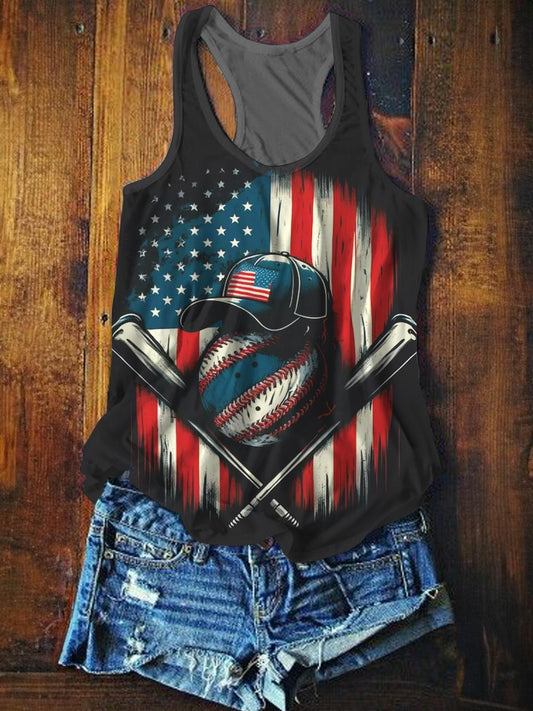 American Flag Baseball Women's Crew Neck All Over Printed Tank Top