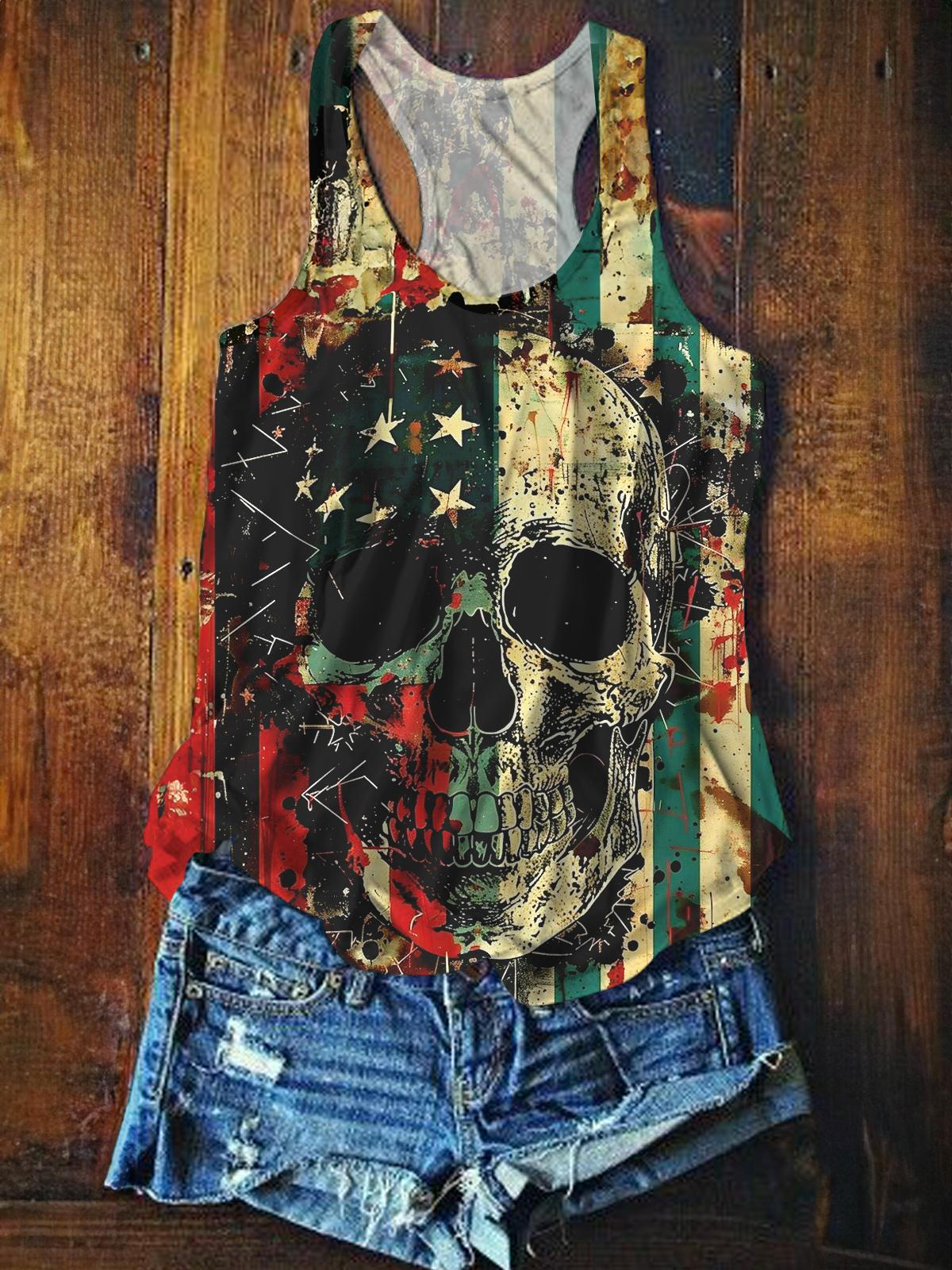 Independence Day Skull Women's Crew Neck All Over Printed Tank Top