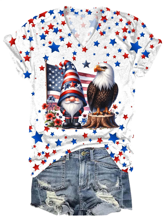 Independence Day Eagle And Gnome Print V-neck T-Shirt