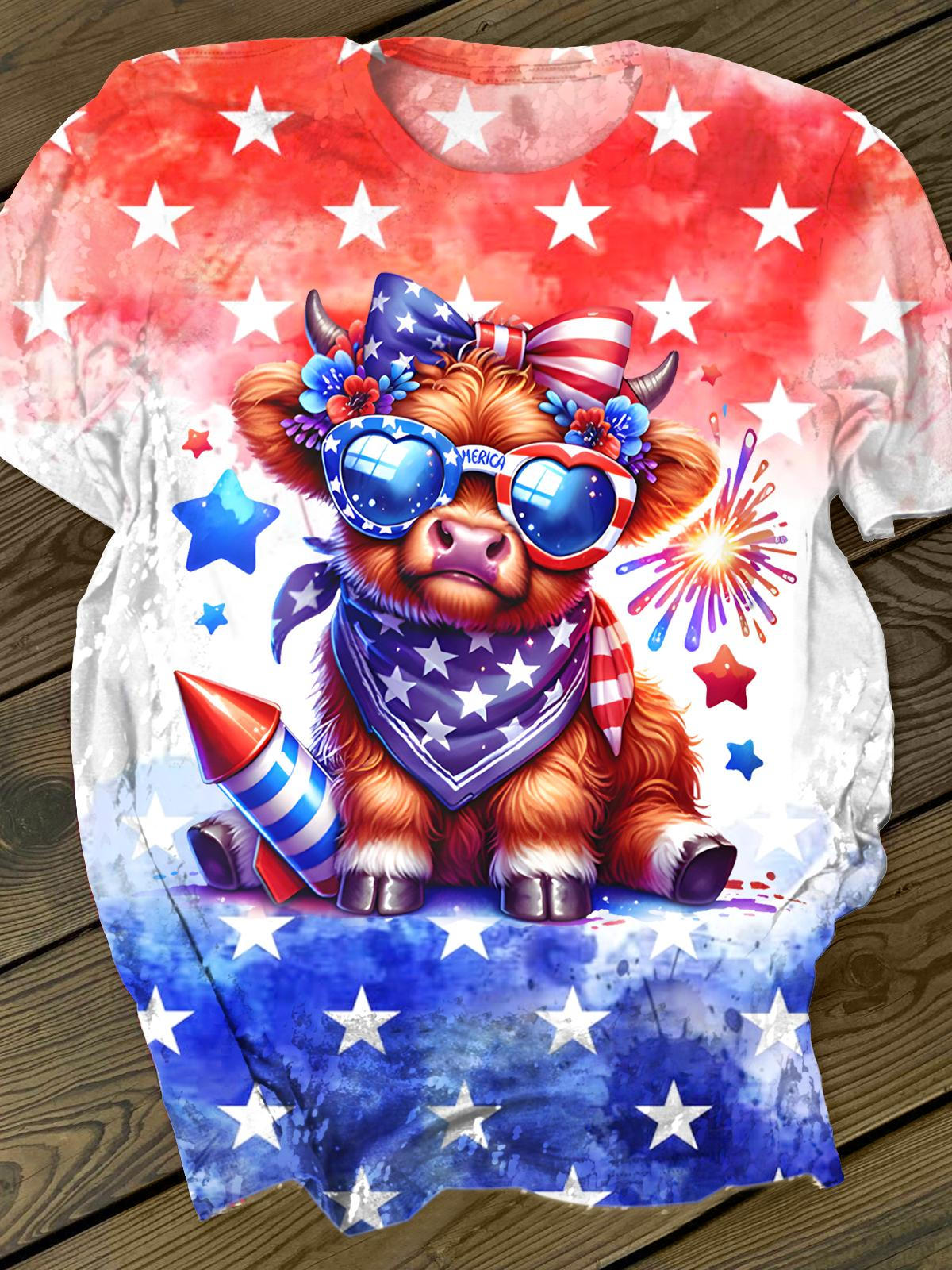 Cute Highland Cow Flag Independence Day Printed Crew Neck T-shirt