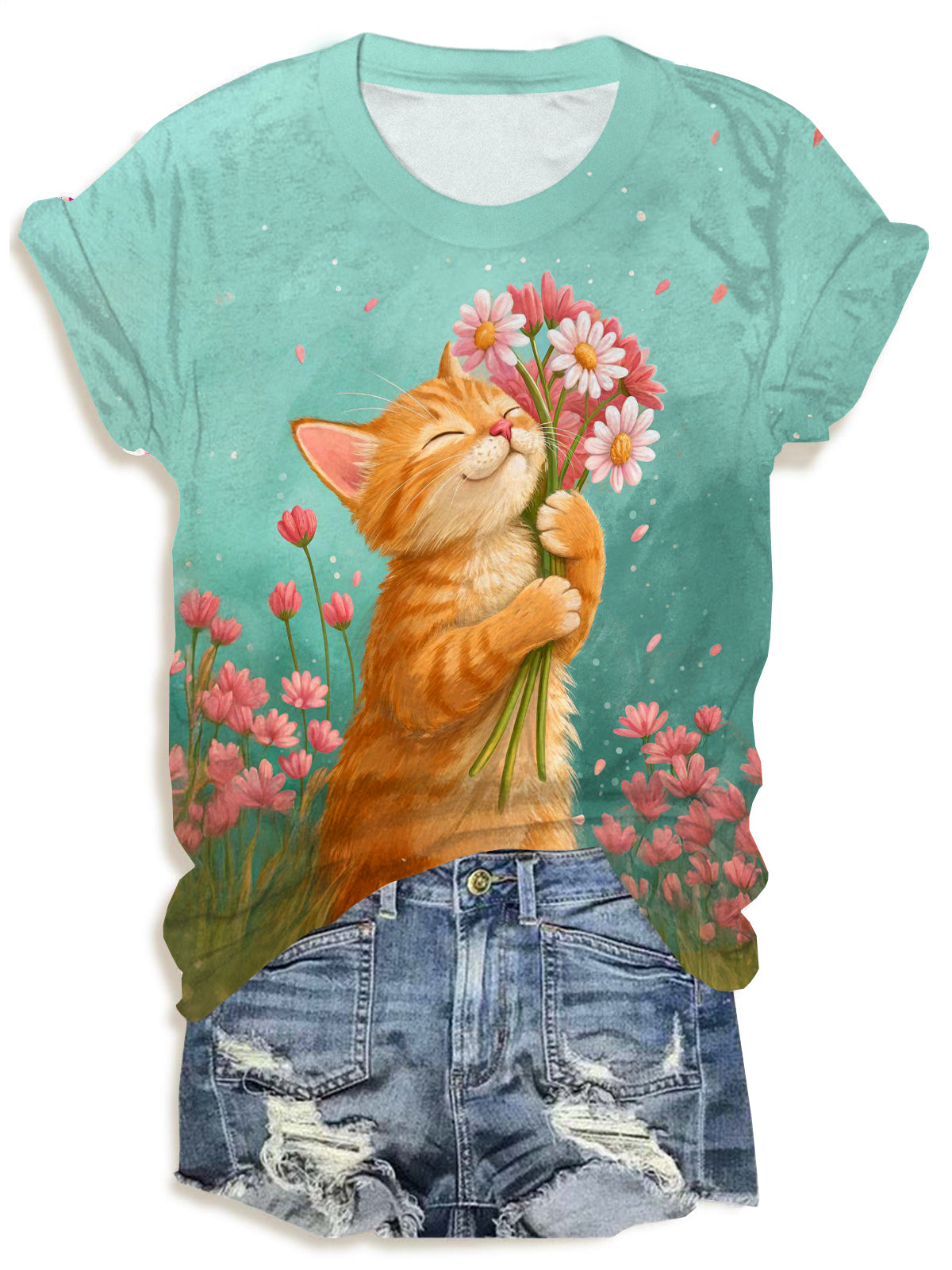 Cute Cat Flowers Crew Neck T-shirt