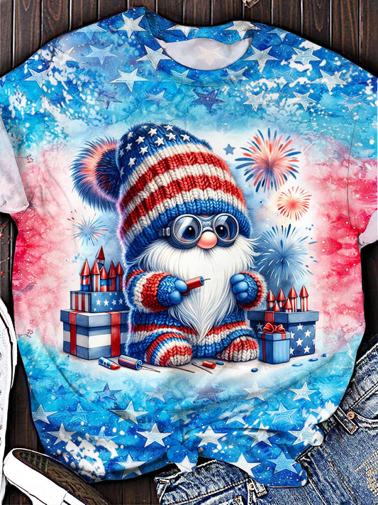 Cute Dwarf Stars And Stripes Independence Day Printed Crew Neck T-shirt